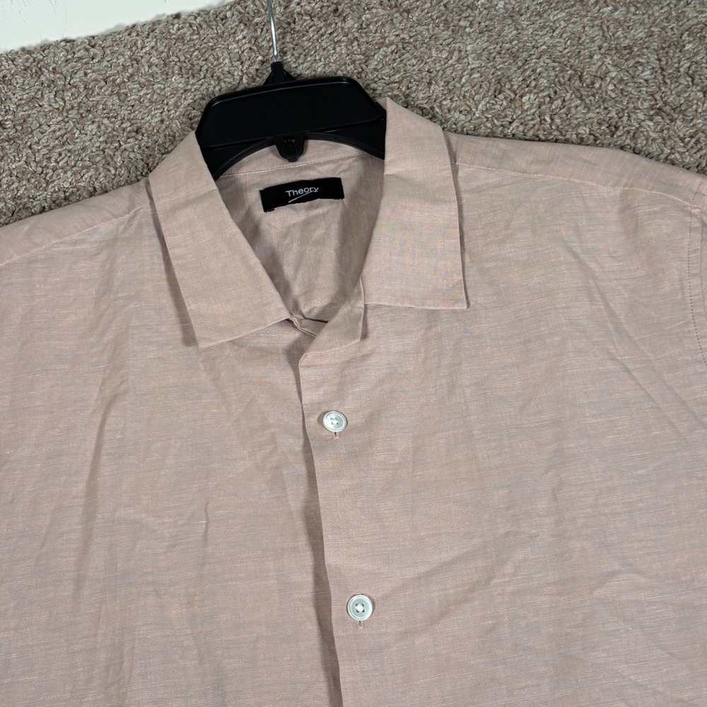 Theory Mens Daze Essential Linen Cotton Short Sleeve Button Down Shirt Pink L